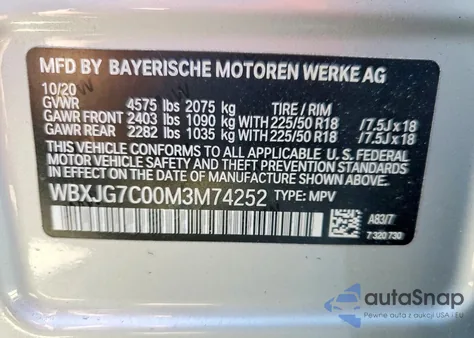 2021 BMW X1 Sdrive28I z USA, uszkodzony, nr VIN WBXJG7C00M3M74252